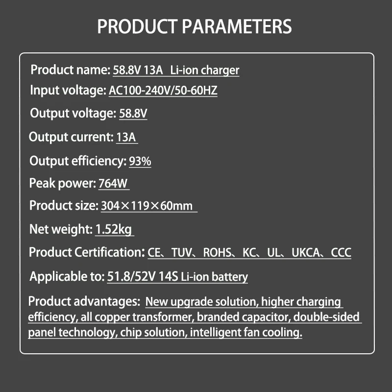 100-240V 52V 58.8V 13A 10A 6A 5A lipo lithium battery Fast charger for 14 series 51.8V 52V battery packs Built-in cooling fan