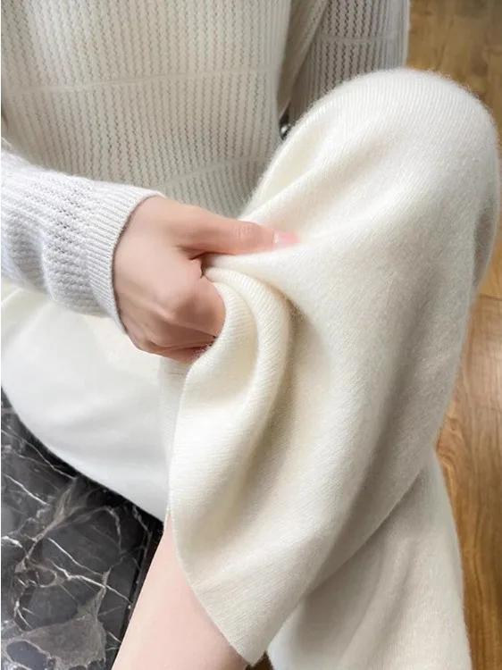 White Thiened 00% Australian Wool Wide Leg Pants Women's Autumn Winter High Waist Casual Knitted Drapey Straight Leg Trousers