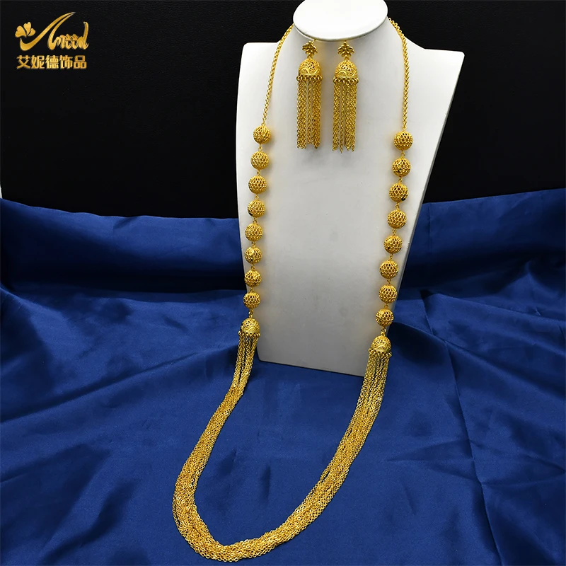 NEW Dubai Luxury Long Necklace&Earrings Sets for Bridal Indian 24k Gold Color Choker Jewelry With Tassel Earrings Banquet Gifts