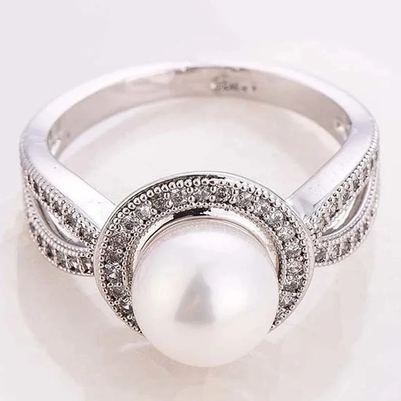 Trend Newly Romantic Elegant Big Round Imitation Pearl Women Ring Female Wedding Party Anniversary Birthday Gift Ring Jewelry