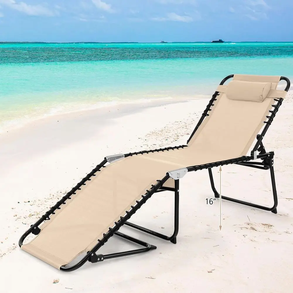 Beach Lounge Chair for Outside, Folding Chaise Lounge Outdoor with 4-Position Backrest, Removable Headrest and Side Pocket, Port