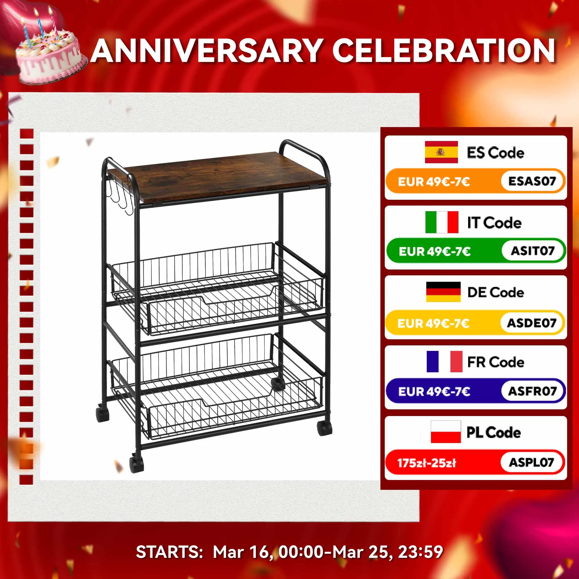 HOMCOM Carrito Auxiliar con Ruedas 2 Cestas 60x38x85,5 cm Marrón Rústico