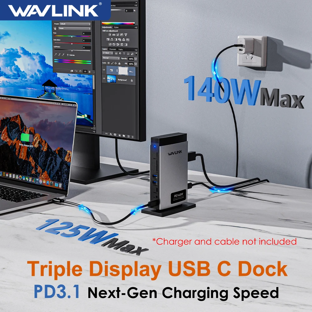 WAVLINK PD3.1 Triple Display USB C Docking Station 140W Power 10G USB Display Dock 8K HDMI 8K Displayport RJ45 For M1/M2/M3&Win