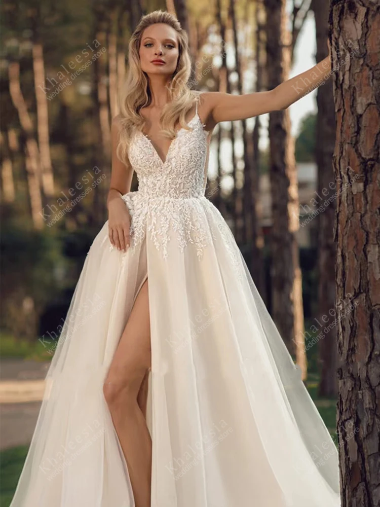 Robes De mariée élégantes robes De mariée Vintage dentelle Appliques une ligne Tulle Robes à plusieurs niveaux haute fente robes De Novia personnalisé