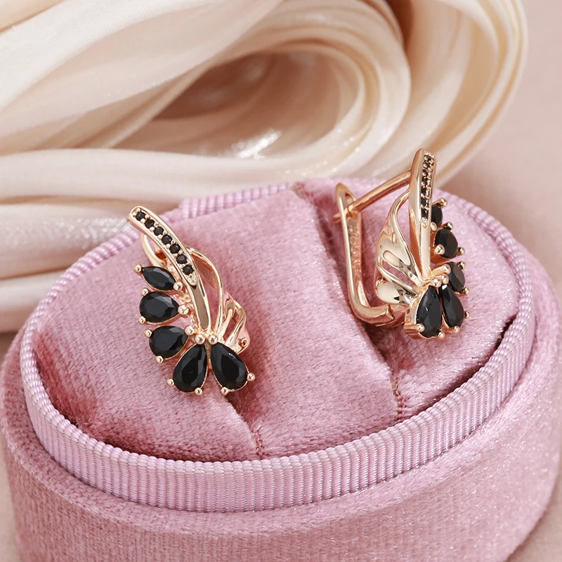 SYOUJYO Black Natural Zircon Flower Shape Earrings For Women Party Fine Jewelry Luxury 585 Rose Gold Color Fruit Drop Earrings