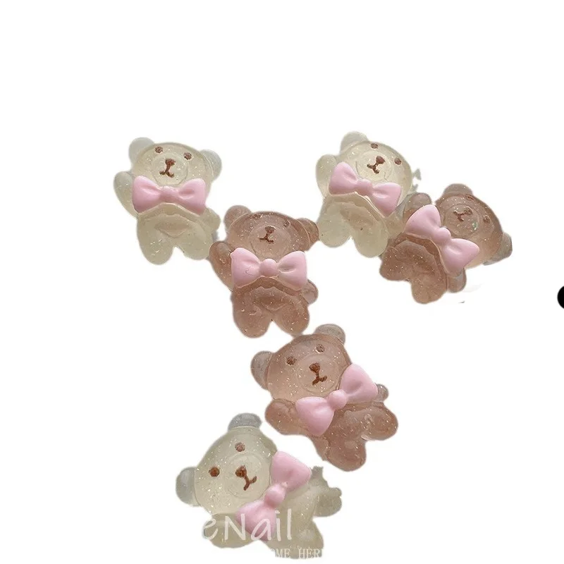 10pcs miniso Ice translucent bear bow cartoon nail charms for diy nail making kawaii cute resin nail art decoreation