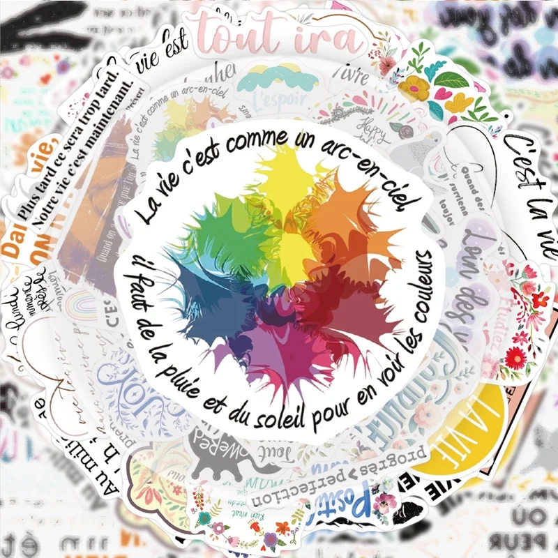 50 French-Style Inspirational Graffiti Stickers, Vibrant Stickers and Decals, Multiple Styles Without Duplication, Suitable for Water Bottles, Laptops, Suitcases, Skateboards, Guitars, Party Decorations