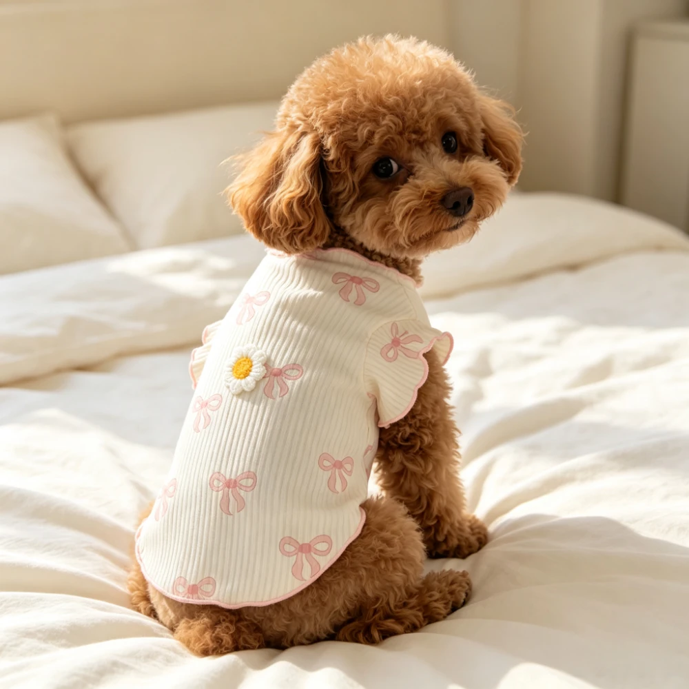 Pet T-shirt Cute Pink Bow Daisy Pattern Ruffle Sleeves Ribbed Soft Clothes Breathable Spring/Summer Dog Set