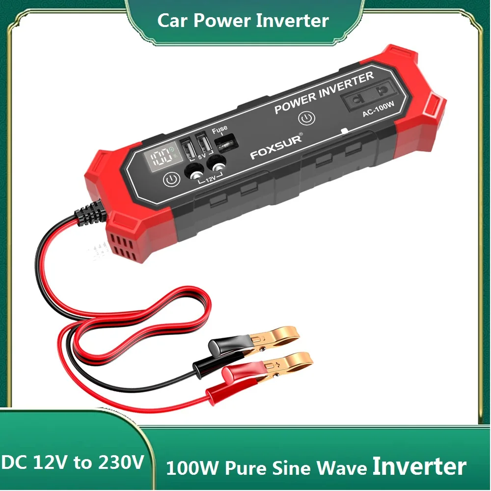 FOXSUR Reiner Sinus-Wechselrichter 100W Autoladegerät mit Dual-USB-Ladeanschluss DC 12V zu 230V AC Zigarettenanzünder / Klemmadapter