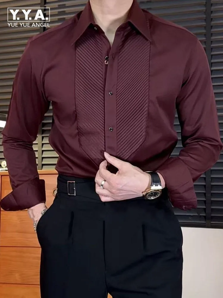 Men French Style Lapel Shirt Business Banquet Wedding Shirts Slim Fit Single Breasted Long Sleeve Solid Color Tops Male Hot Sale