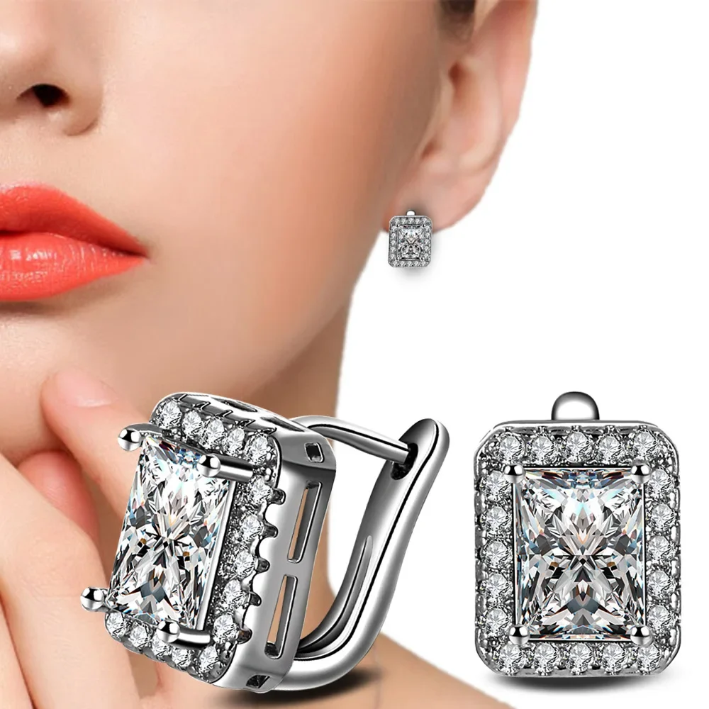 2025 Square 925 Sterling Silver Jewelry Big Crystal Stduy Earring for Woman New Gift Wholesale Brincos Boucle D\'oreille Femme