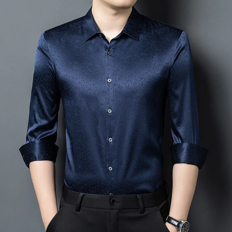 High Quality Silk Thin Long-sleeved Shirt Men Middle-aged Business Casual Silk Jacquard Shirt