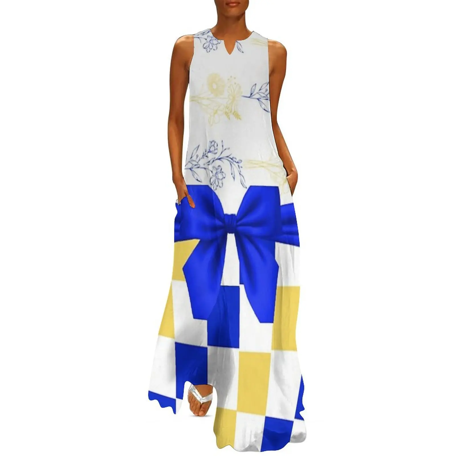 

Royal Blue and Yellow Floral and Checkerboard Long Dress evening dresses women women's fashion dresses birthday dress