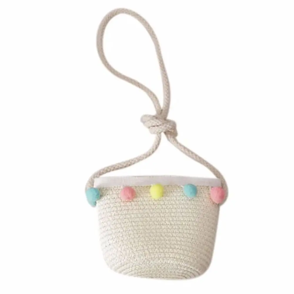 

Portable Girls Sun Protection Colorful Pompom Ball Summer Hat Straw Woven Bucket Cap Beach Hat Handbag