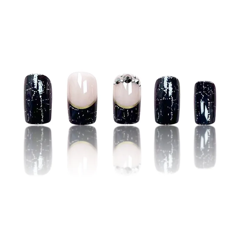 24Pcs Fake Nail Minimalist Everyday Black French Crackle Design with Glitter and Rhinestones Perfect Gift for Women and Friends