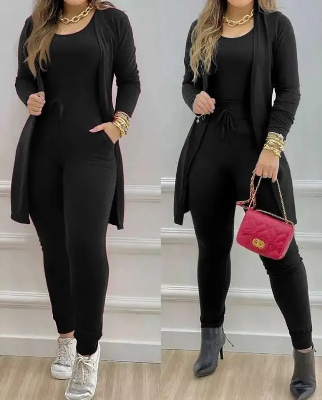 Women's Suit 2023 Autumn Fashion Sleeveless Skinny Jumpsuit & Casual Long Sleeve Pocket Design Longline Coat Two Piece Outfit