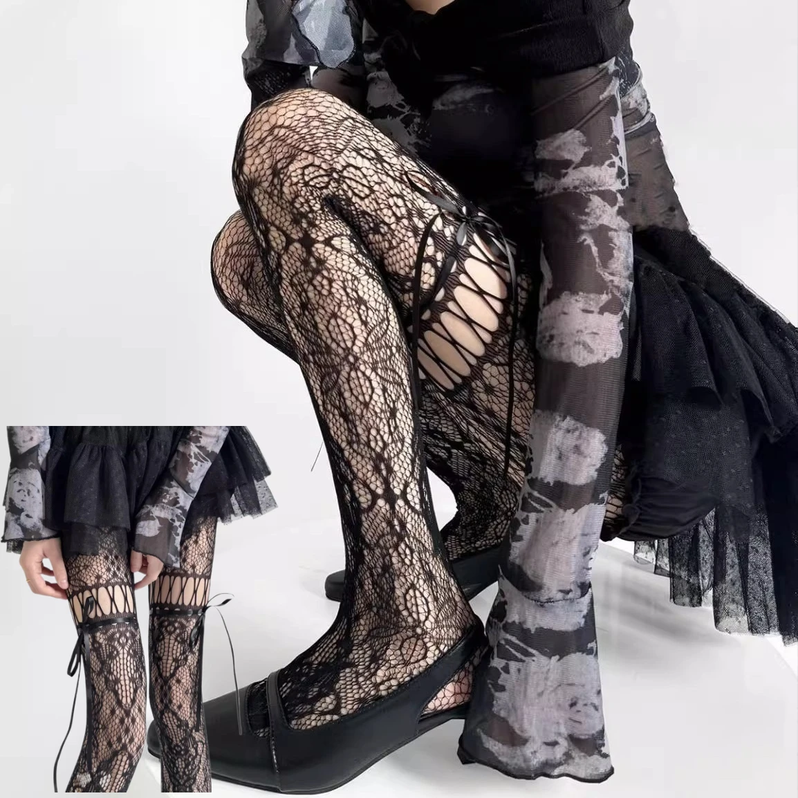 Damen JK Spitzenstrümpfe mit Schleife und Aussparungen, sexy Blumenmuster, Socken, Damenstrumpfhose, Strumpfhosen, Nachtclub, Cosplay, Partyzubehör