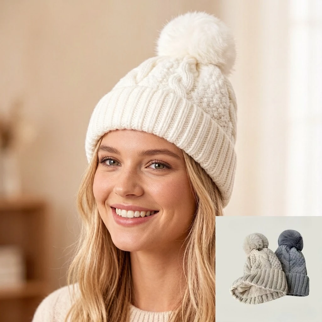 1 PC Women's Cable Knit Beanie Hat for Fall&Winter–Thickened Skull Cap with Large Pom Pom,Ear-Flap Winter Hat,Casual&Versatile