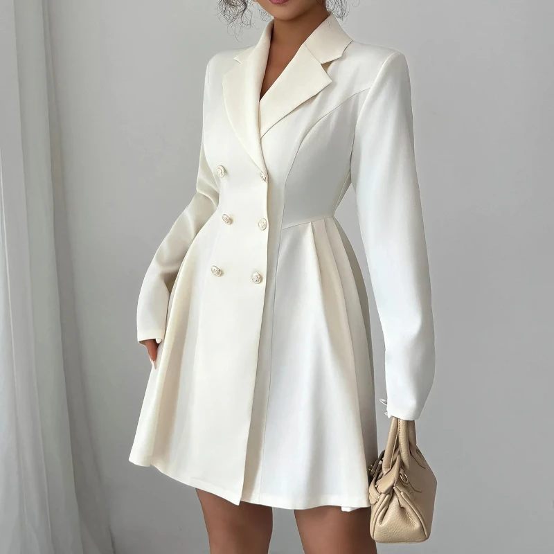 レディース 無地 ボタンアップ Aラインドレス 秋 長袖 ノッチカラー ワーク ミニドレス オフィス フォーマル カジュアルドレス