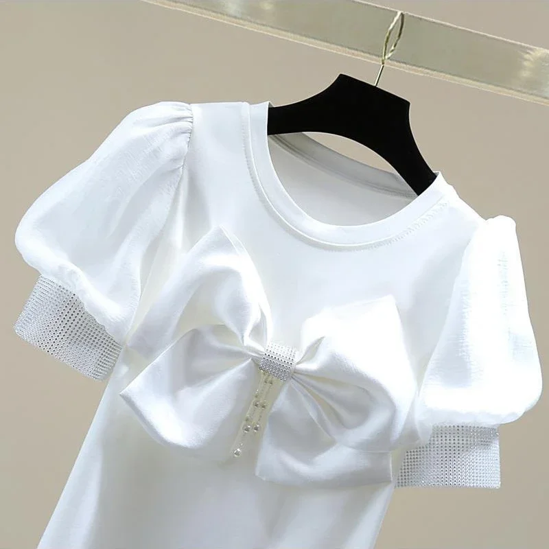 Neploe Retro Studded Beaded Bow Gentle Femme Top 2024 Summer Temperament Versatile Patchwork Bubble Sleeve Solid Simple T-Shirt