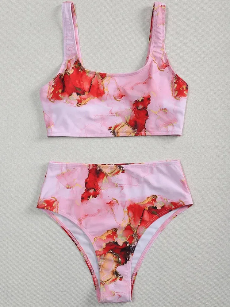 Bikini da spiaggia con stampa tie-dye sexy Set da 2 pezzi Costume da bagno diviso da donna Bikini da vacanza a vita alta 2025 Nuovo set bikini da bagno estivo