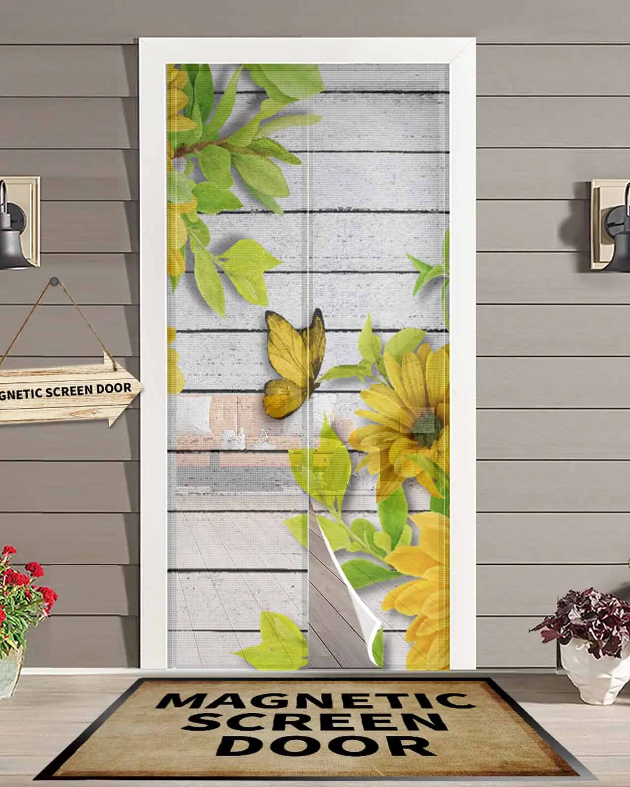 Sunflower Flower Butterfly Wooden Board Summer Magnetic Door Curtain Living Room Bedroom Home Anti-mosquito Screen Door Curtain