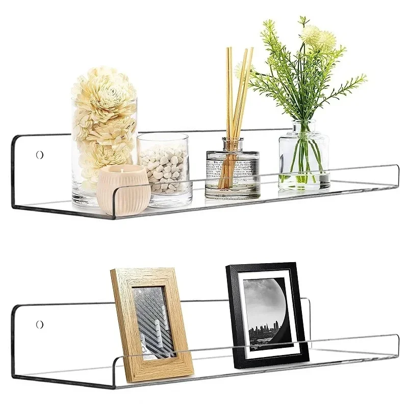

1pc Clear Acrylic Storage Rack Wall Mounted Book Floating Shelf Makeup Display Stand Holder Bathroom Kitchen Organizer