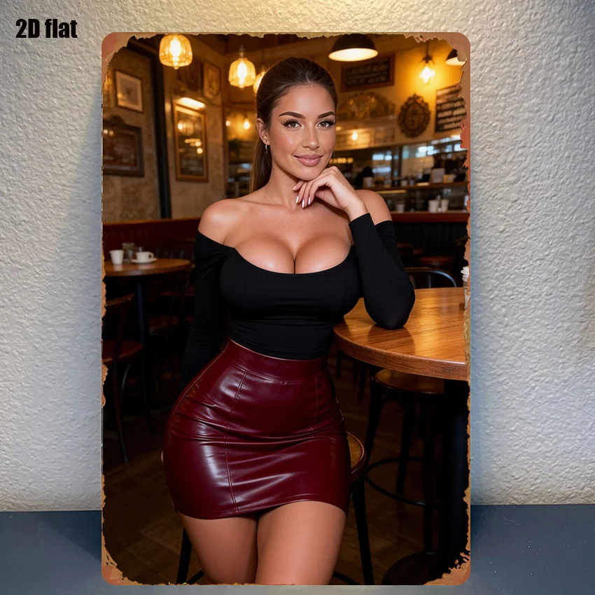 Cafe Woman in Black Off-Shoulder Top and Red Leather Skirt High Definition Tin Painting Vintage Metal Sign Wall Decor