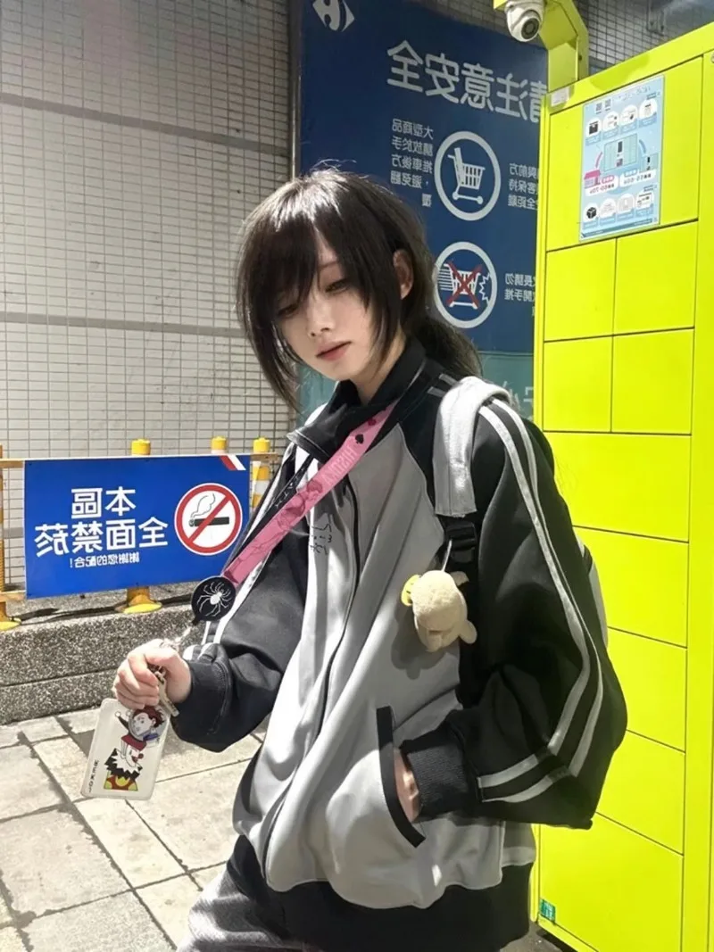 Subculture Y2k Millennial Japanese Two-dimensional Kaomoji Print Contrasting Color Stand-up Collar Loose Coat Sweater For Women