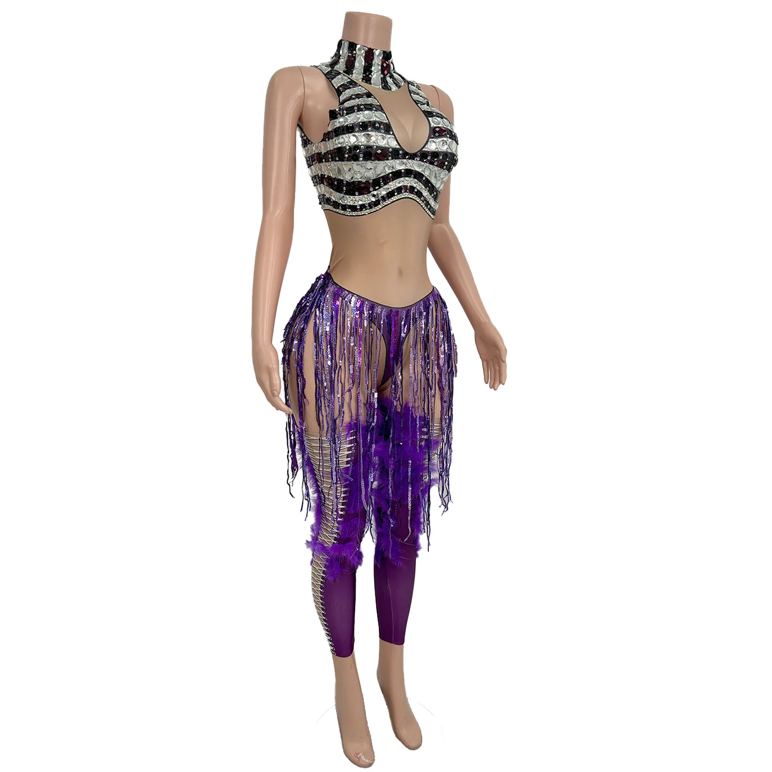 Purple Tassel Spandex Tight Fitting Jumpsuit Night Party Stage Performance Wear Masquerade   Carnival gig Dancer Outfit Zizuanwa