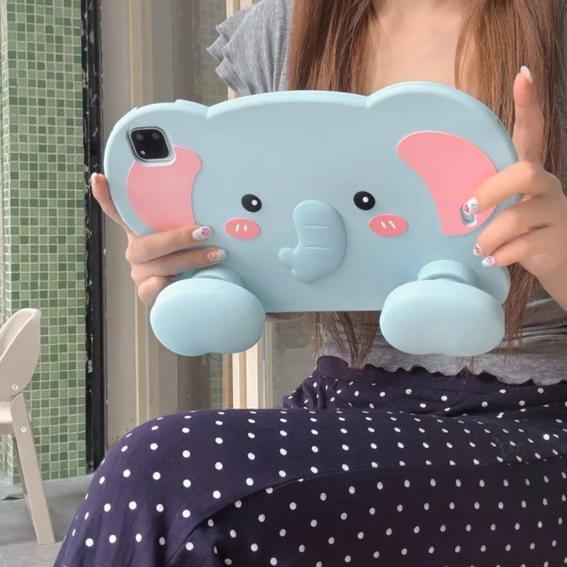 3D Cute Elephant Soft Silicone Stand Tablet Case for iPad Air6/7/8 11in A16 A19 Pro 11in 2026 M4 Shockproof Kids Friendly Cover