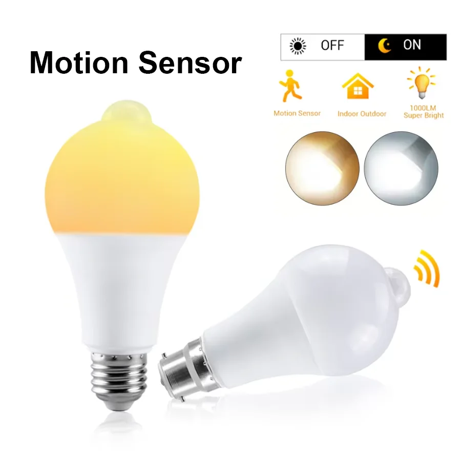 E27 B22 LED Motion Sensor Light Bulb 12W 15W 18W 20W Smart Bulb PIR Auto ON/OFF Night Light For Stairs Garage Bedroom Hallway