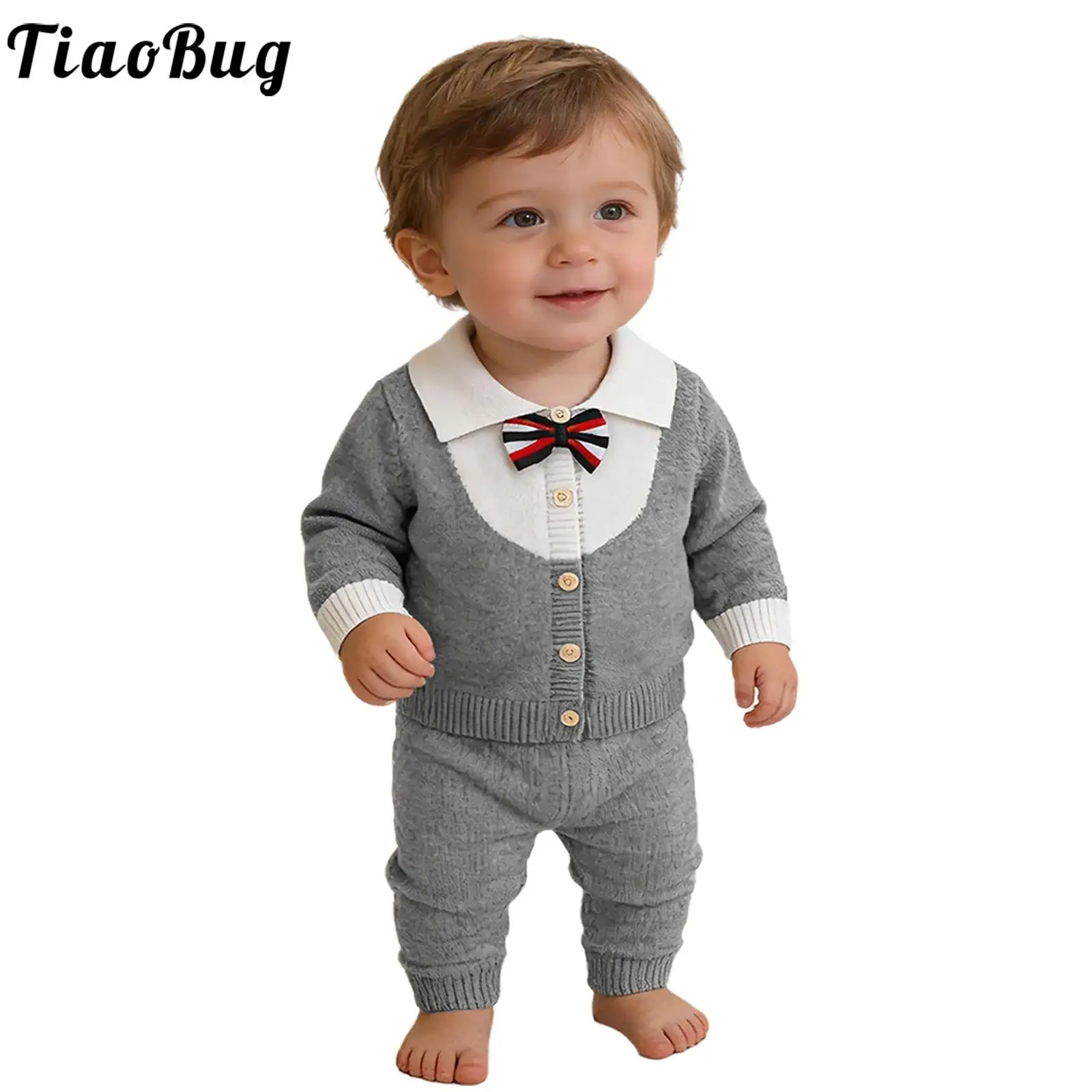 

Осенний трикотажный костюм для маленьких мальчиков: нарядный джентльменский комплект с рубашкой на пуговицах, длинным рукавом и галстуком-бабочкой, а также брюками для свадьбы, дня рождения или вечеринки