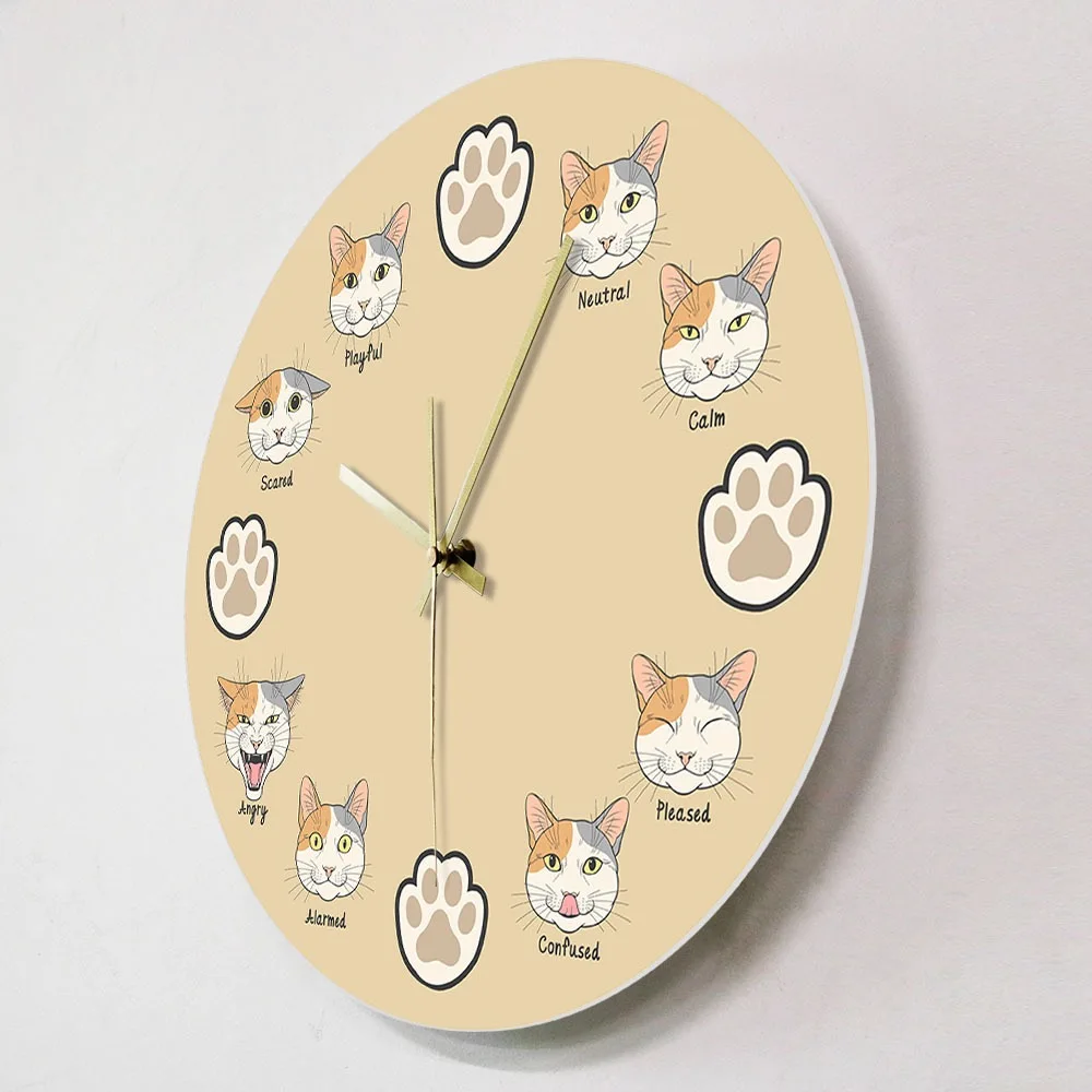 Cute Cartoon Cat Mood Wall Clock Silent Quartz Movement for Kitchen Living Room Bedroom Decor Funny Cat Lovers Gift