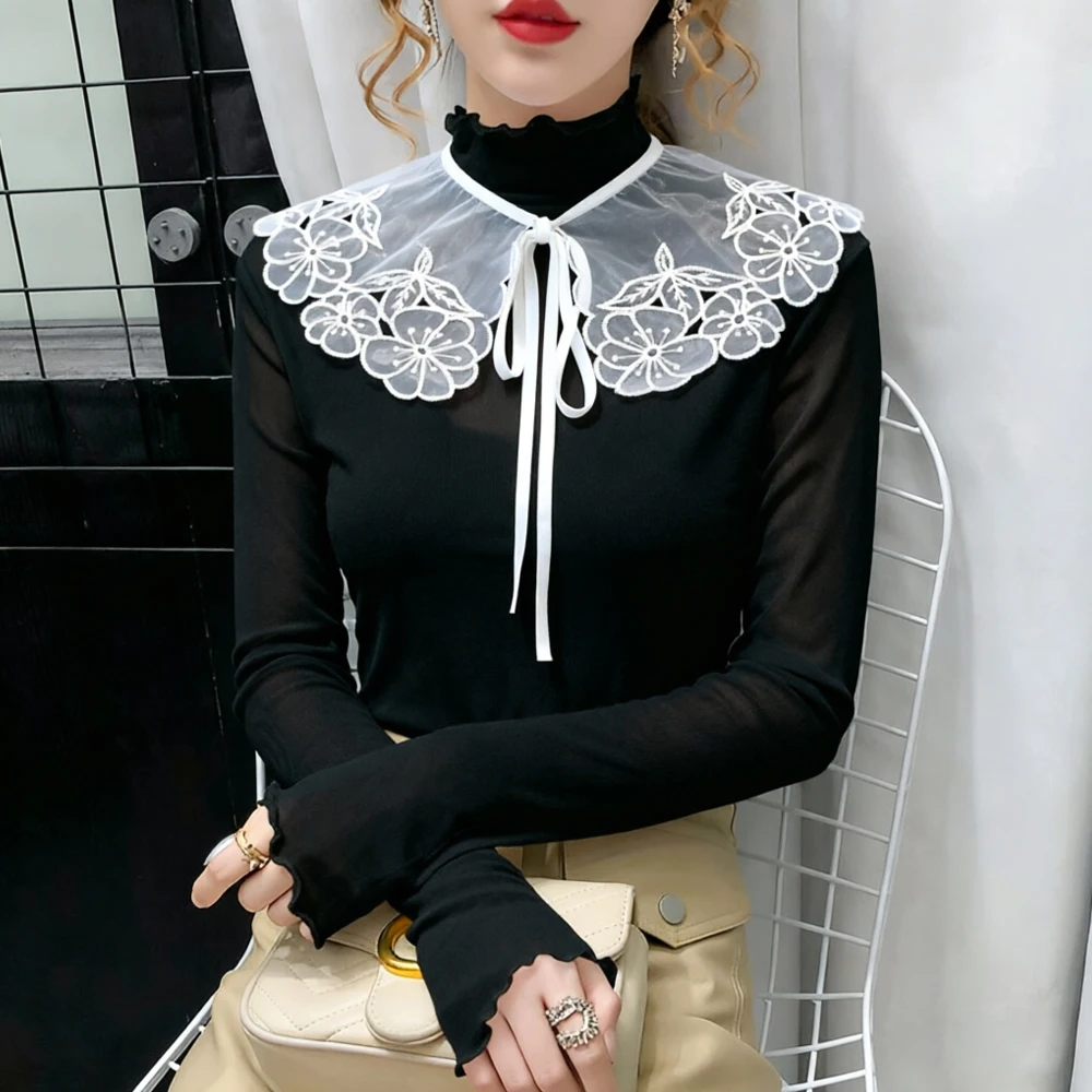 

Women Lace Fake Collar Doll Collar Detachable T Shirt Girl Y2K Wooden Ear Thin Top Cheaper Tops Kawaii Aesthetic Clothes Shirts