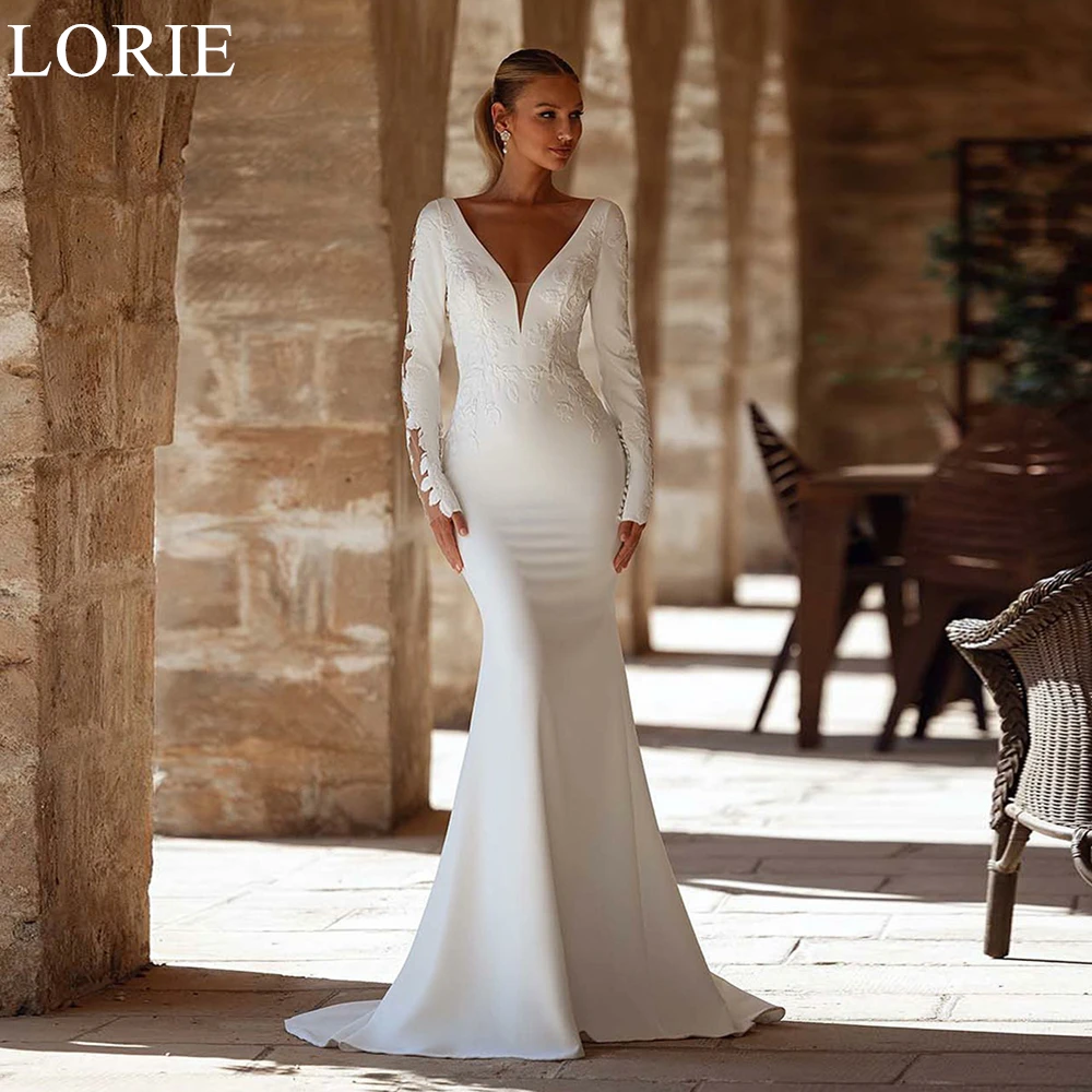 

LORIE V-Neck Mermaid BOHO Satin Wedding Dresses Long Sleeves Appliques Backless Graceful Robes 2024 Bridal Gowns Customized