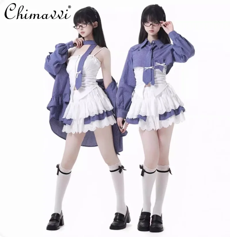 

Japanese Plaid College Style Skirt Set Autumn New Fashion Sweet Girl Long Sleeve Shirt Camisole + Color Block Cake Skirt