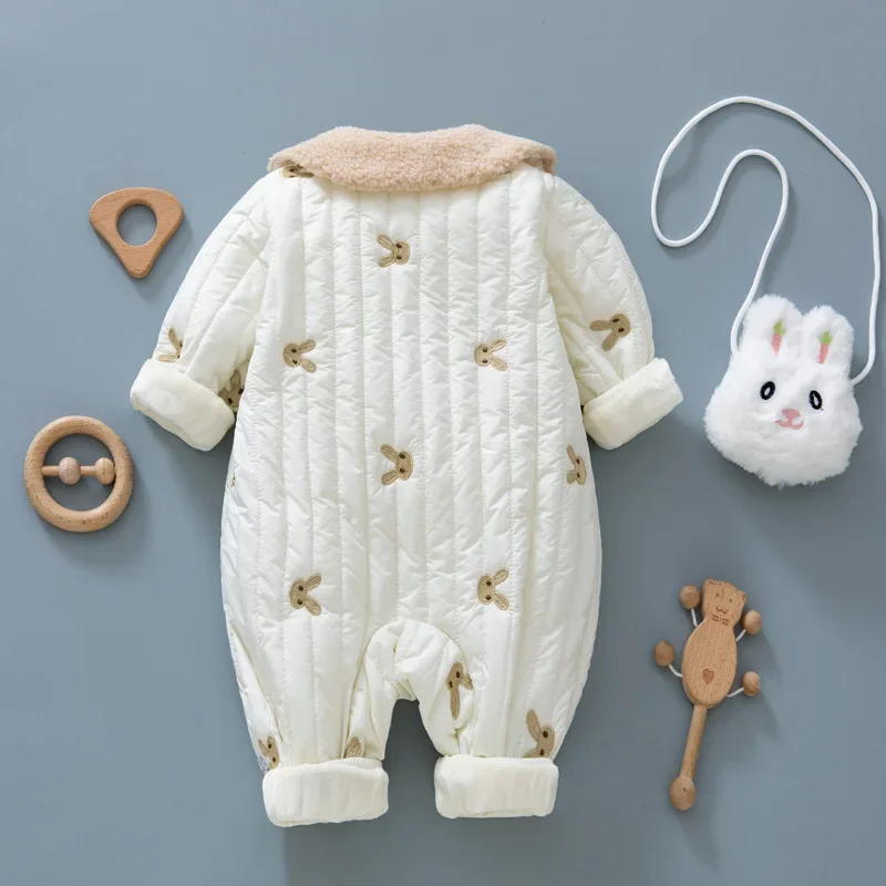 Baby Clothes Newborn Rompers 2024 Winter Cotton-padded Infant Girls Jumpsuit Toddler Embroidered Bunny Turn Down Collar Outwear