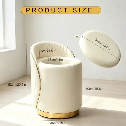 360° Swivel Vanity Chair/Stool with Storage Leather, Ottoman with Storage, Tall Ottoman, Vanity Chair with Backrest and