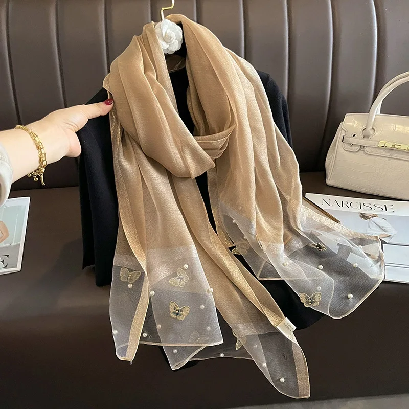 

Новый шарф-платок для женщин Весна-Лето 2026 с вышивкой цветами и бисером, модный палантин, хиджаб, теплоизоляционное одеяло, тонкий стиль, буфанда