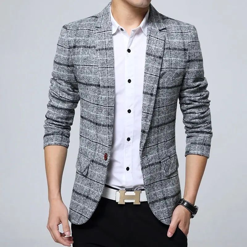 

Men's Slim Fit Plaid Busin Casual Suit Jaet Double Slit Wide Sle Thi Autumn Season Seven Sve Length One Button