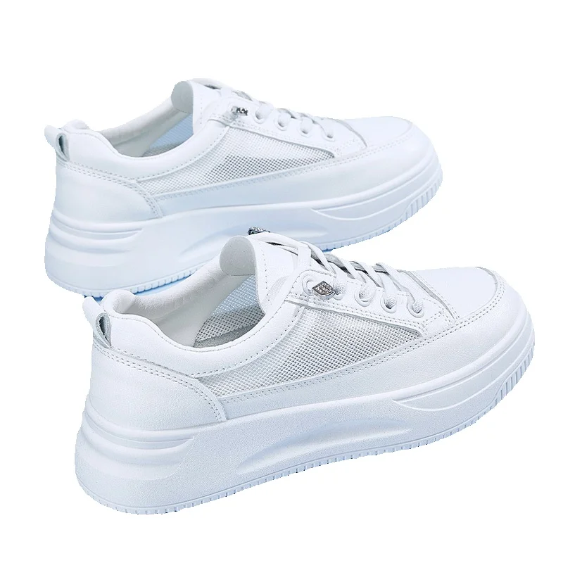 Women's White Skateboarding Shoes Breathable Mesh Thick Sole_voghion.com
