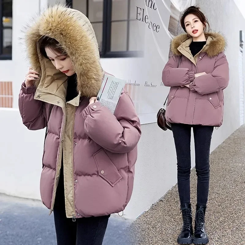 

New Winter Parkas Women Jacket Down Cotton Jackets Korean Loose Big Fur Collar Short Hooded Casual Warm Parka Female Overcoat