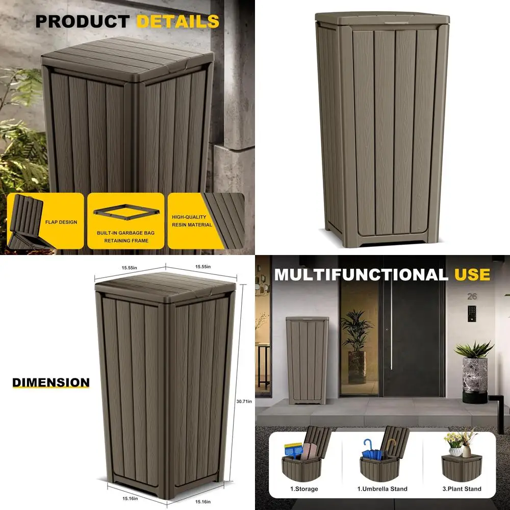 

Серый уличный мусорный бак с многоуровневой крышкой - водонепроницаемый, из полимерной смолы, легкая сборка, легкий вес, для патио, кухни, заднего двора и террасы