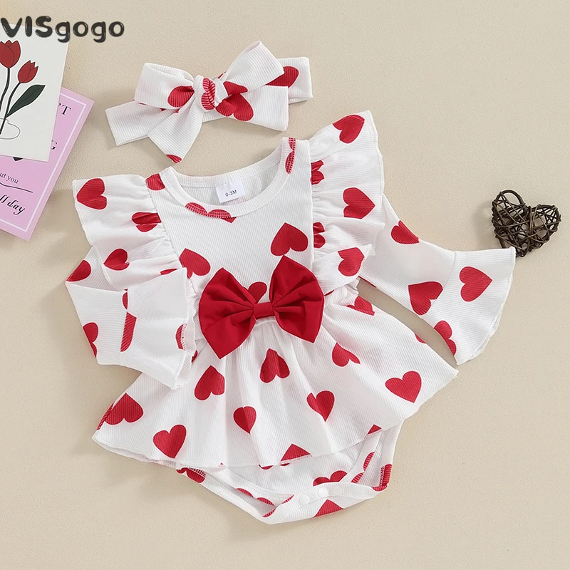 

VISgogo Newborn Girl Romper Outfit Long Sleeve Crew Neck Heart Print Bow Romper with Headband 2pcs Valentines Day Clothes