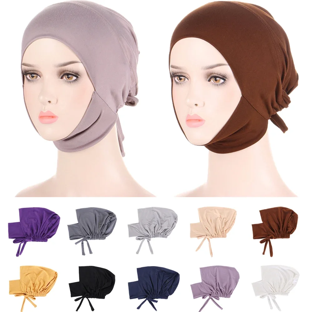 

Muslim Women Hijab Cap with Tie Back Rope Hijab Caps With Adjustable Ropes Stretchy Jersey Tie-Back Hijab Bonnet Islamic Mujer