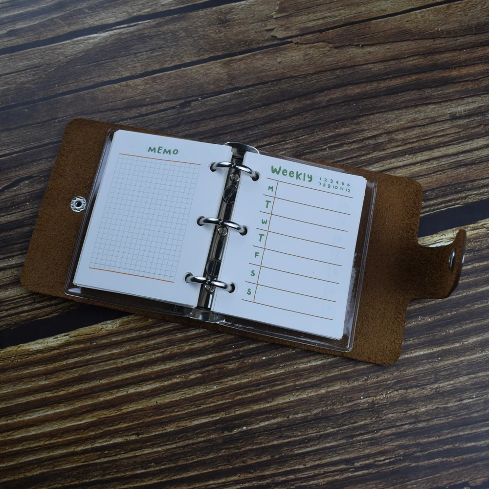 Portable Loose Leaf Weekly Memo Plan Notebook Genuine Leather Cover Button Travel Notepad
