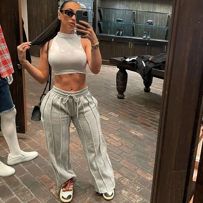 

Women Striped Ribbon Straight Wide Leg Pants Fashion 2025 Summer Drawstring Street INS Casual Jogger Safari Trousers