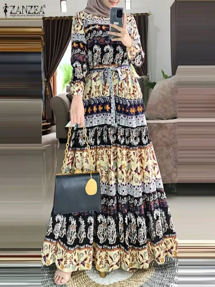 

Casual Maxi Sundress Abaya Hijab Islamic Clothing Vestido ZANZEA Women Bohemian Floral Printed Muslim Dress Vintage Long Sleeve