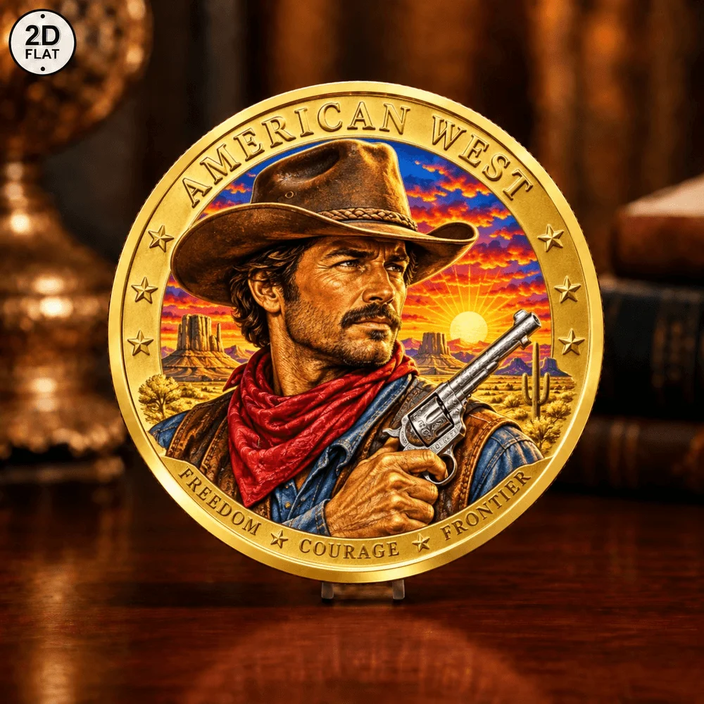 1pc American West Cowboy Challenge Coin UV Print Sunset Desert Mustang Horse Collectible Medal Gift for Western Art Collectors